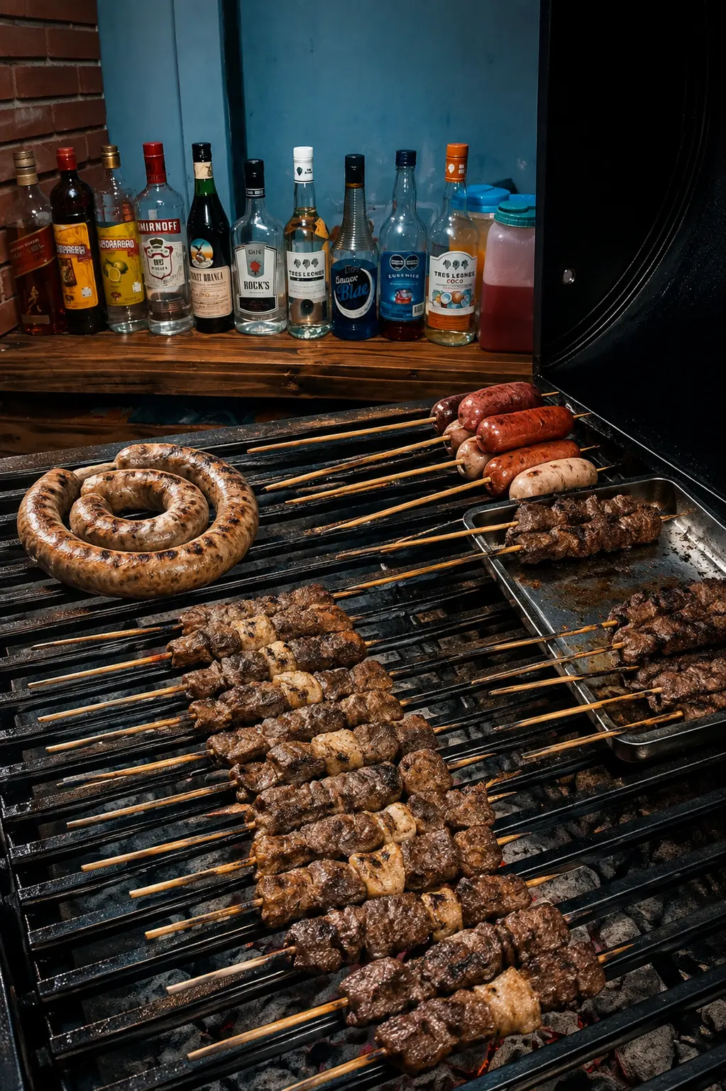 Parrilla con asaditos, chorizos y botellas de tragos